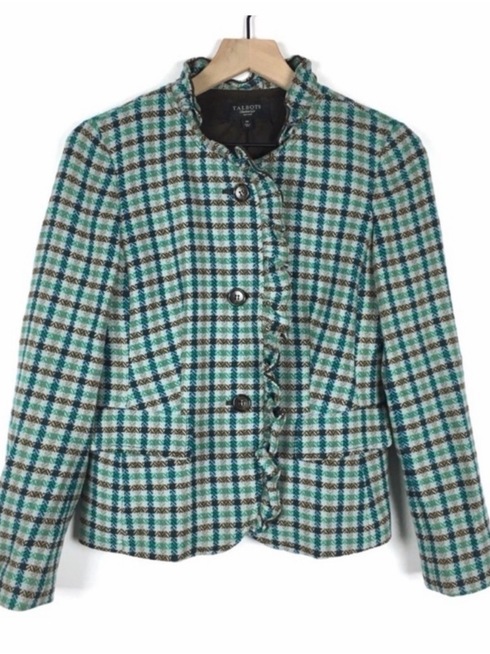 Talbots Teal and Cream Plaid Tweed Blazer